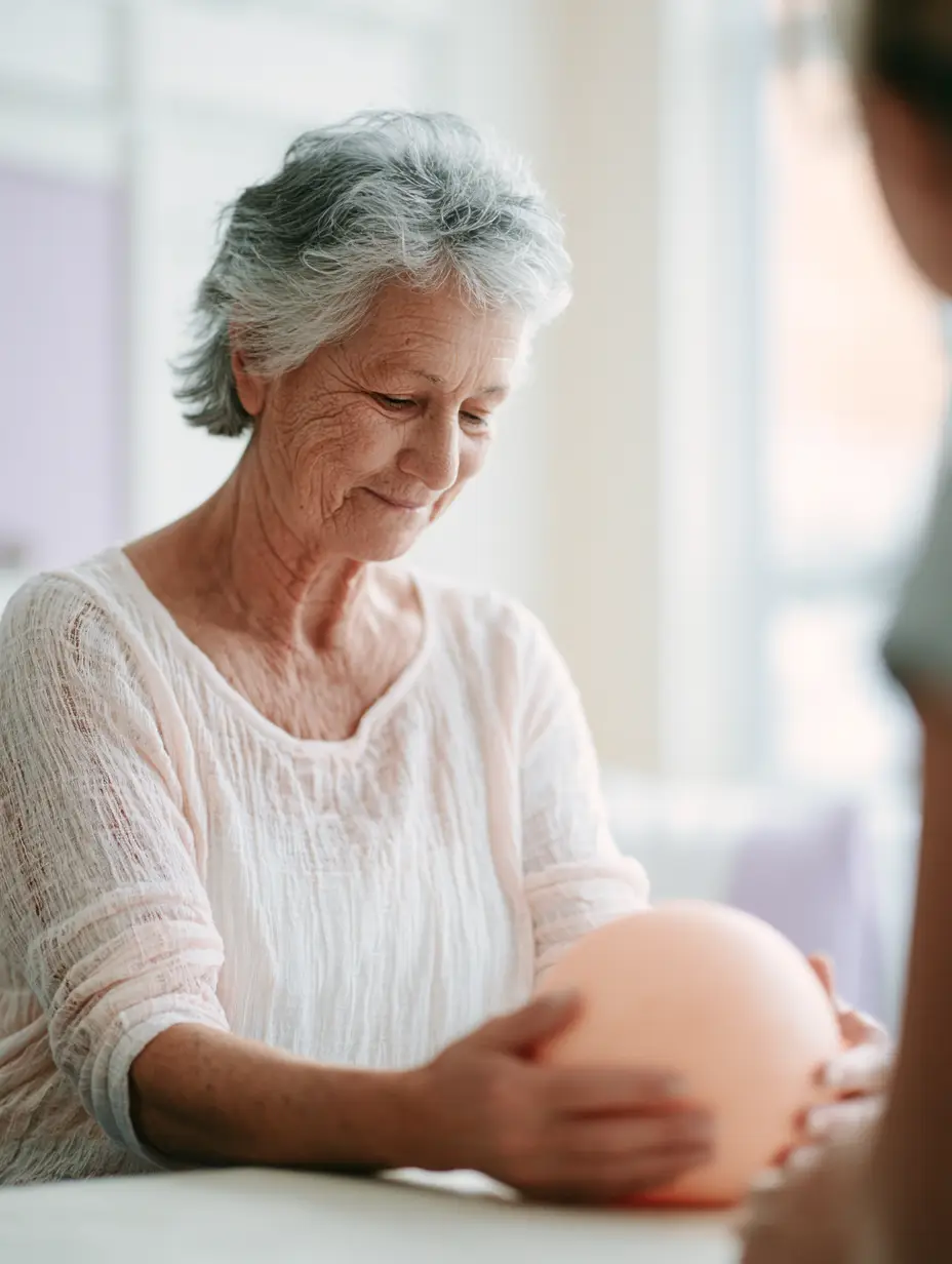 Ältere Frau übt mit einem Therapieball – Ergotherapie für Erwachsene und ältere Menschen