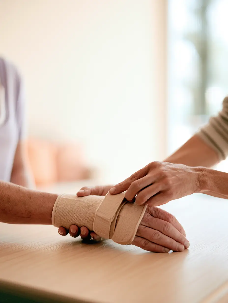 Ergotherapeutin legt einer Patientin eine Handgelenk-Orthese an – Praxis Tina Sood in Düsseldorf