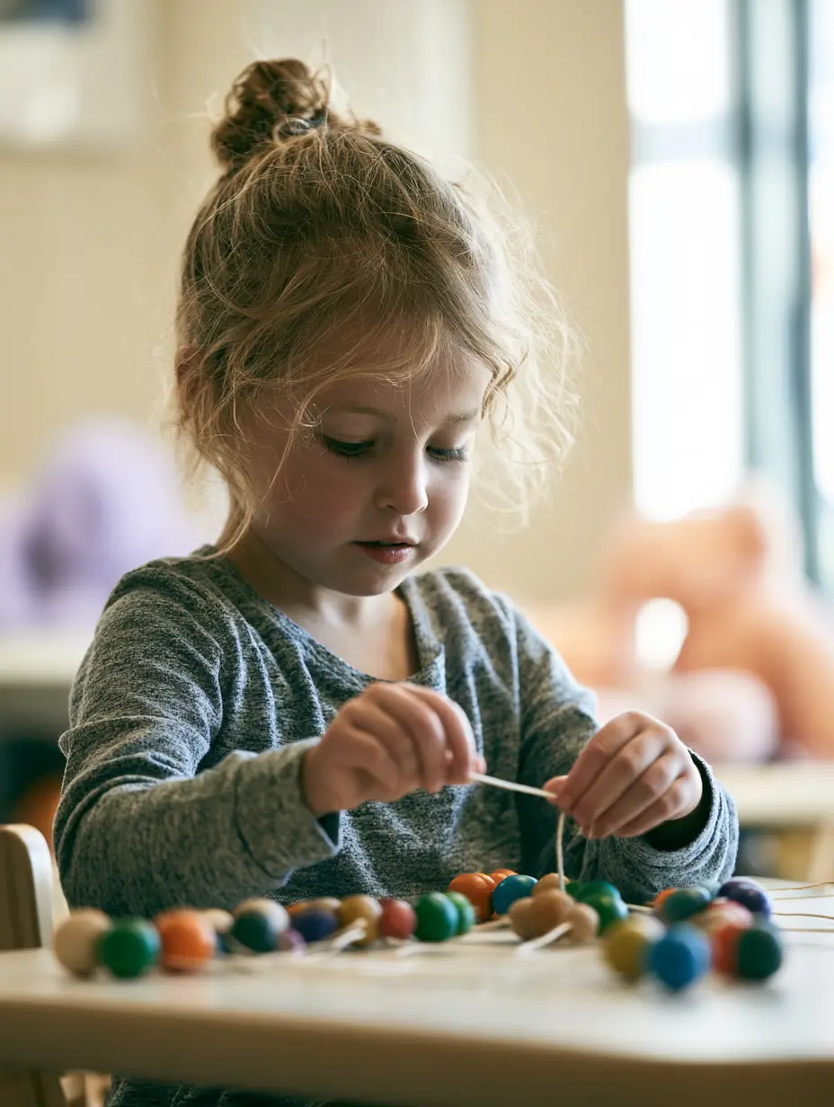 Kind fädelt bunte Holzperlen auf – Ergotherapie für Kinder (Pädiatrie) in Düsseldorf